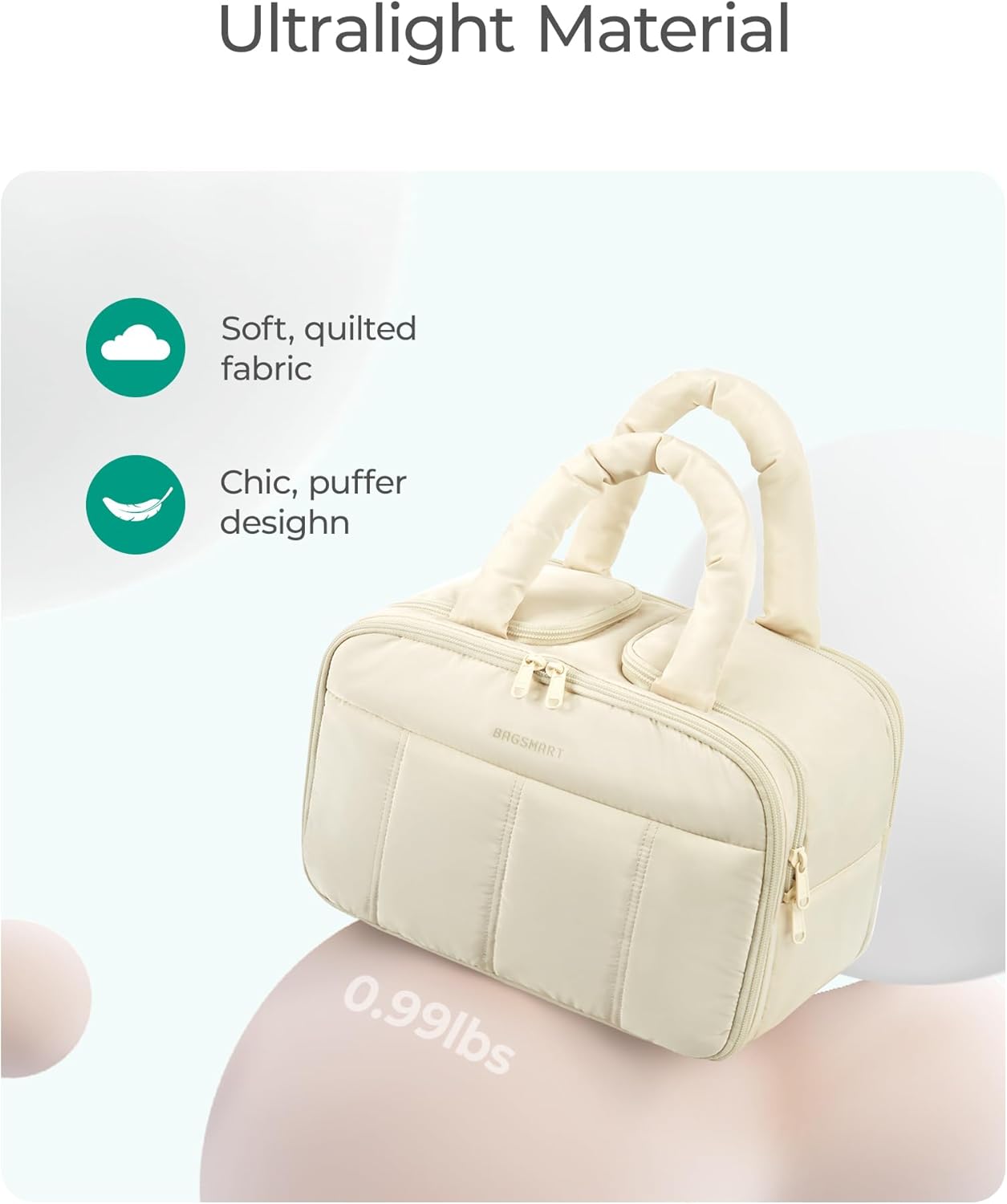 BAGSMART Travel Toiletry Bag, Puffy Large Toiletry Bag for Women, Lightweight Cosmetic Makeup Bag Organizer with Handle for Traveling, Accessories, Essentials, Toiletries (Beige