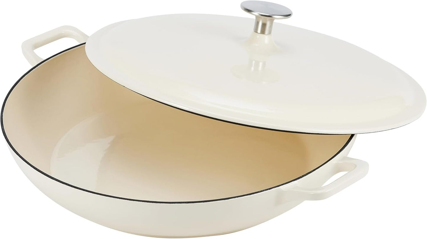 AmazonBasics Enameled Cast Iron Covered Casserole Skillet, 3.3-Quart, White