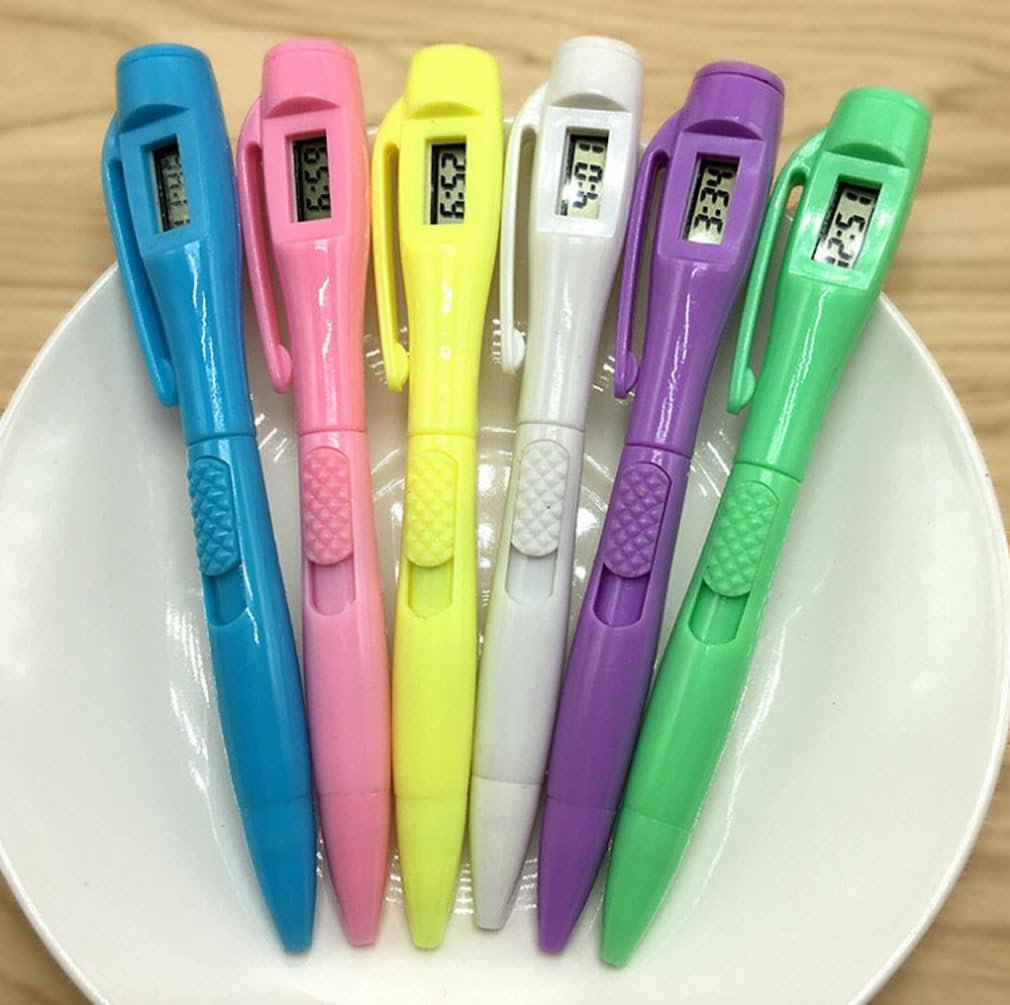 6pcs Ballpoint Pen with Electronic Watch 0.5MM Fine Point Pen with Time Clock for Examing, Writing and Note Taking, School Stationery Supplies(Blue+White+Green+Pink+Purple+Yellow)