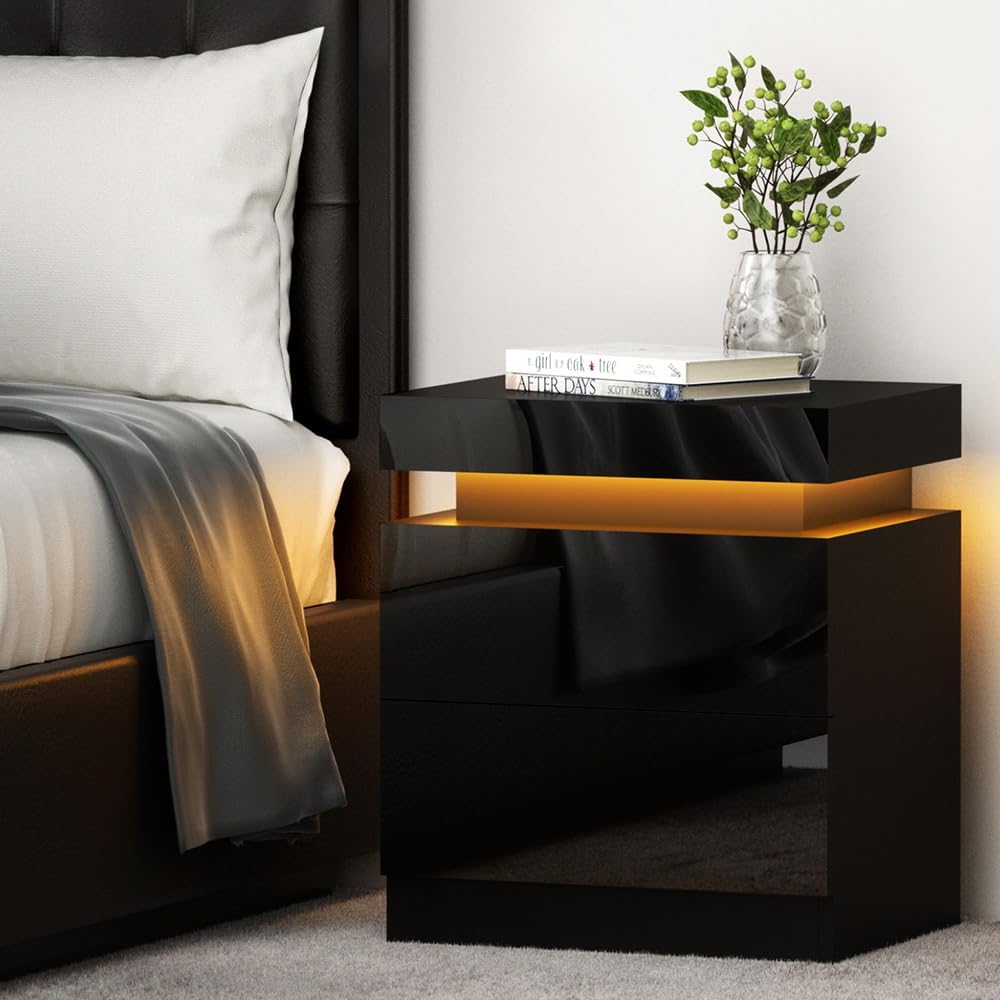 Artiss Bedside Table RGB LED Black High Gloss with 2 Drawers and Lift Up Storage Nightstand, Bedroom Furniture, Bed End Side Cabinet Narrow Space Organiser Unit Living Room Home