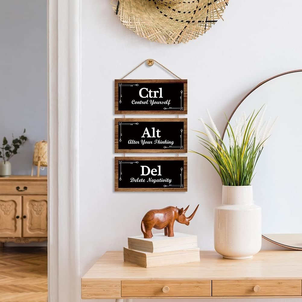CHDITB Inspirational Rustic CTRL ALT DEL Wood Sign Decor,(11”X5.3”),Alter Your Thinking Office Wall Decor,Motivational Sayings Wooden Hanging Wall Plaques for Home Office Living Room Wall Art Decor