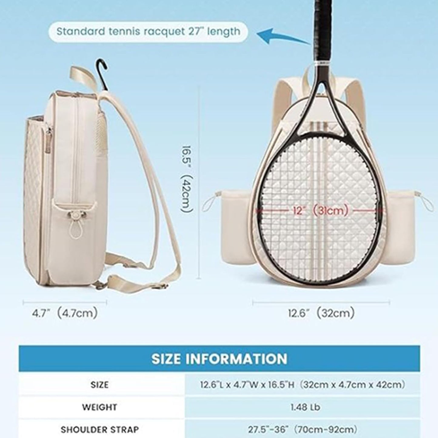 Athletic Racket Gear Backpack, Multi-Pocket Carry Bag, Waterproof Shell, 32x12x42cm Shoe Compartment Padded Straps, for Outdoor Gym Travel School Court Fitness Apparel Accessories