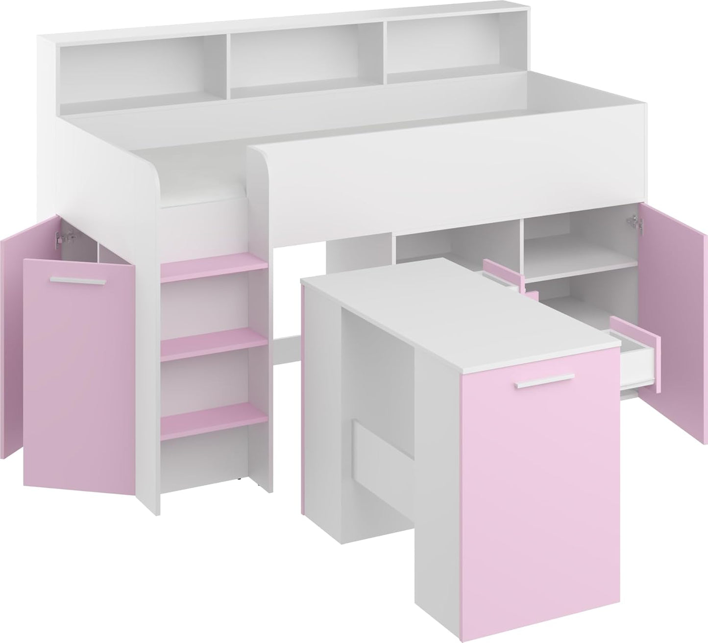 BIM Furniture NEO L Children's Furniture Bunk Bed Set Children's Bedroom Furniture One Bed with Desk, Shelves, Drawers: Left Side (White/Lavender)