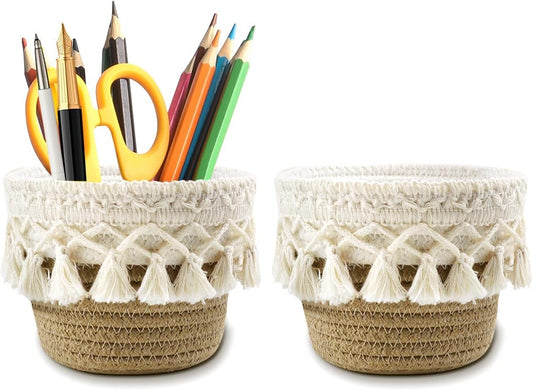 2 Pieces Boho Cosmetic Brush Holder 10 x 10 cm Woven Storage Baskets Organizer for Makeup Brushes Pen Brush Makeup Brushes Makeup Organizer Cosmetic Organizer