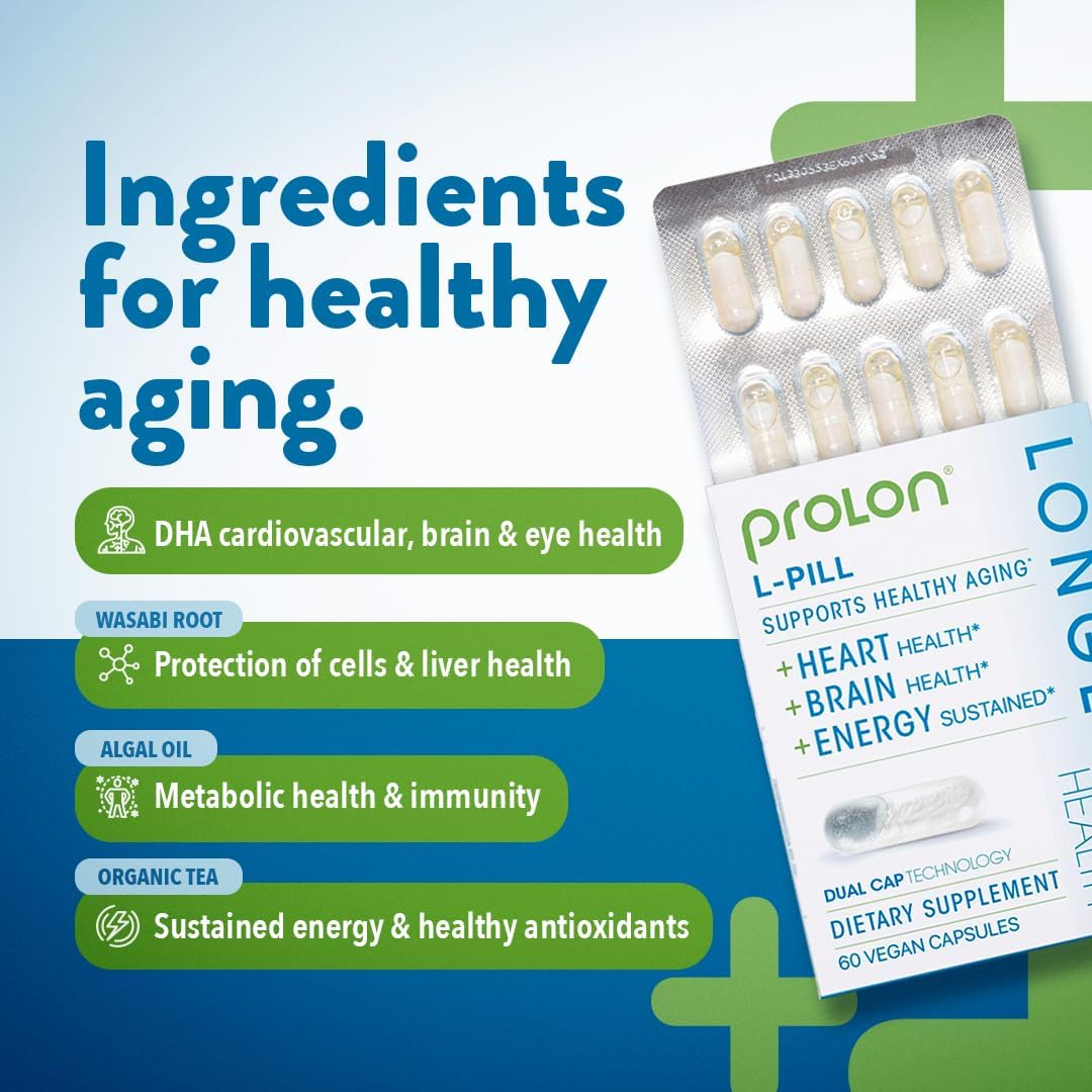 ProLon L-Pill Healthy Aging Daily Supplement, Anti Aging Support with Algal Oil Omega 3, DHA, & Green Tea Extract, 100% Vegan Supplement for Wellness, Energy, & Immune Support, 60 Capsules