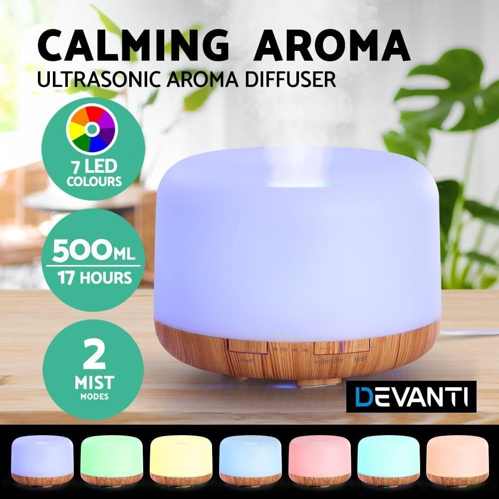 Devanti Aroma Diffuser, 500ml Air Humidifier Purifier Essential Oils Car Airs Freshener Vaporizer Aromatherapy Diffusers Scent Booster Home Office Bedroom Humidifiers Steam, 7 Led Light Multicoloured