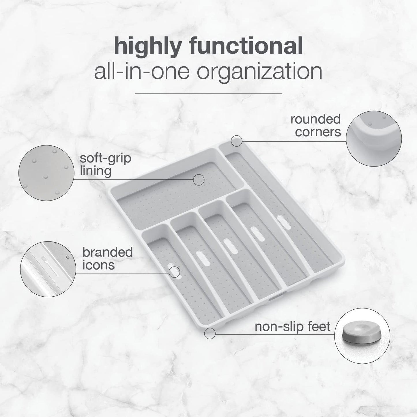 Madesmart Classic 6-Compartment Plastic Silverware Tray for Drawers, Cutlery and Utensil Tray Kitchen Drawer Organizer, White