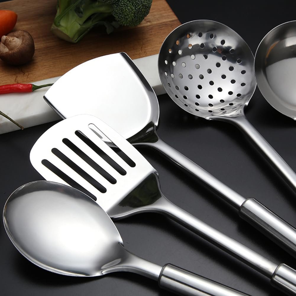 5 Pcs Stainless Steel Kitchen Utensil Set Gadgets Heavy Duty Kitchen Utensils with Spoon, Spatula, Large Spoon, Soup Spoon, Spatula (Silver)