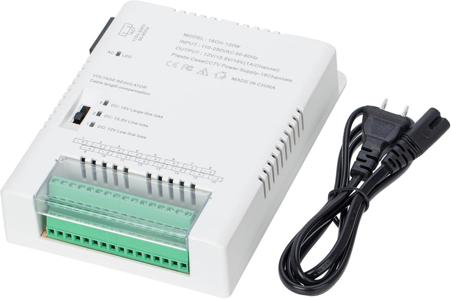 16 Channel CCTV Camera Power Supply Distribution Power Supply 90V-264VAC Input to 12V-13.8-15VDC Output Security Camera Power Adapter with PTC Fuse (HD16C120W)