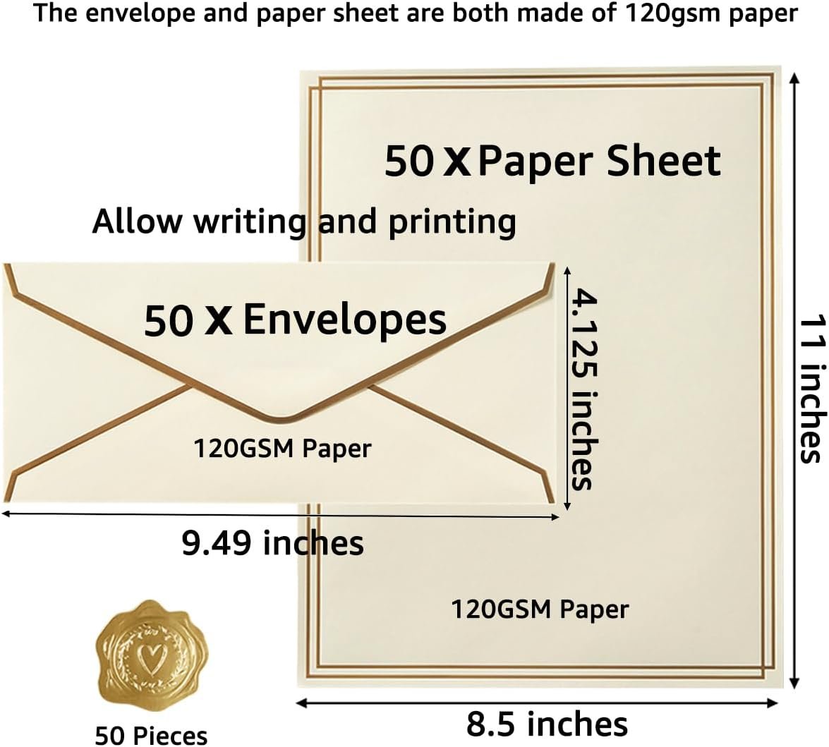 Topeen 50 Pack Stationery Set with Gold Border, #10 Business Envelopes and 8.5x11 Paper Sheets and Stickers for Writing Letters (Cream Color, 8.5x11 Inches)