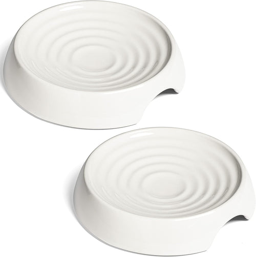 CatGuru Whisker Stress Free Food Bowl, Wide Non-Slip Shallow Dish for Feeding & Watering, Relieves Fatigue (Set of 2, Ceramic, White)