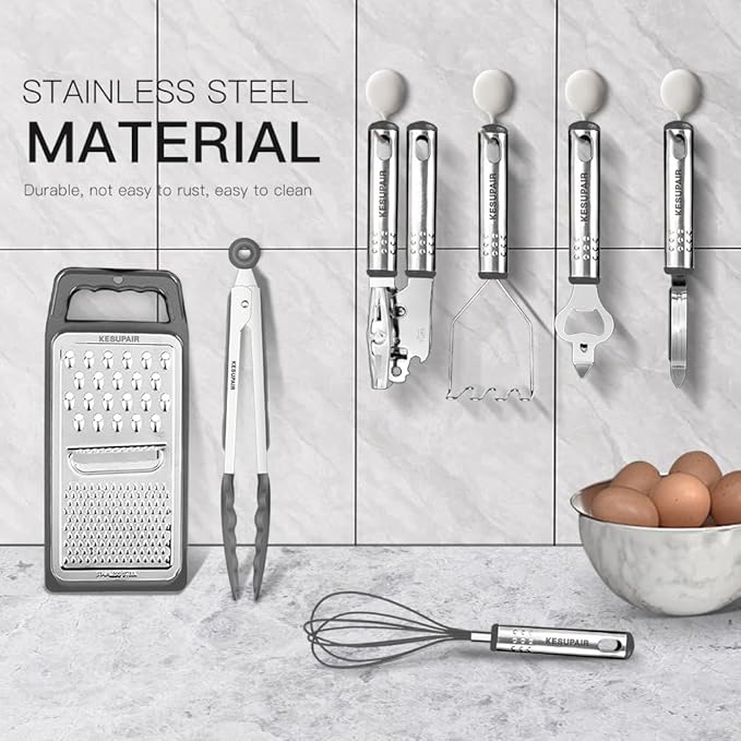 Kitchen Utensils Set - 446°F Heat Resistant Silicone Cooking Utensil Set-Kitchen Tools and Gadgets for Cooking Nonstick Cookware with Tongs,Turner,Spatula,Spoon,Brush,Peeler,Grater,Scissors (Gray)