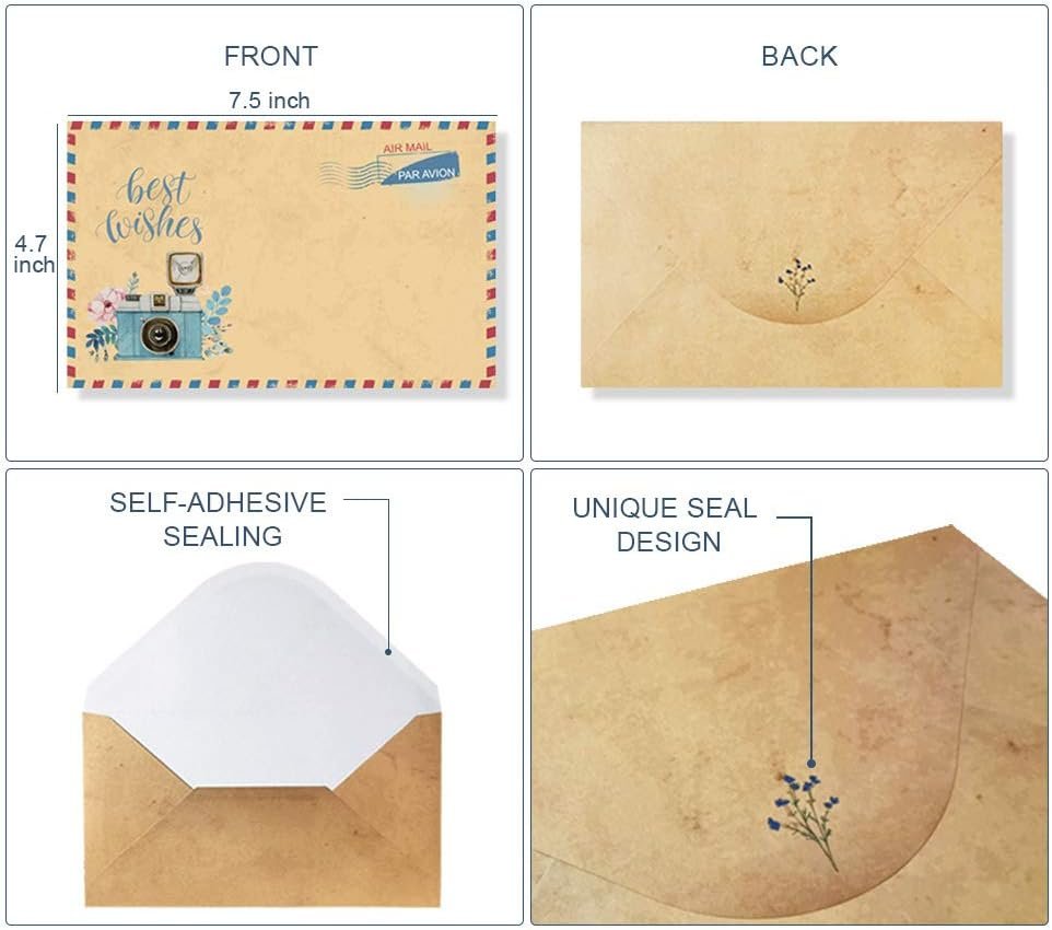 Lined Vintage Stationary Paper and Envelopes Set 48 Sheets + 24 Envelopes Old Fashion Stationery Set 7.3 Inch x 10.2 Inch