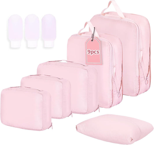 Suitcase Organizer, 6 Pieces Suitcase Packing Organizer, Lightweight Luggage Organizer, Backpack, and Three Travel Bottles (Pink)