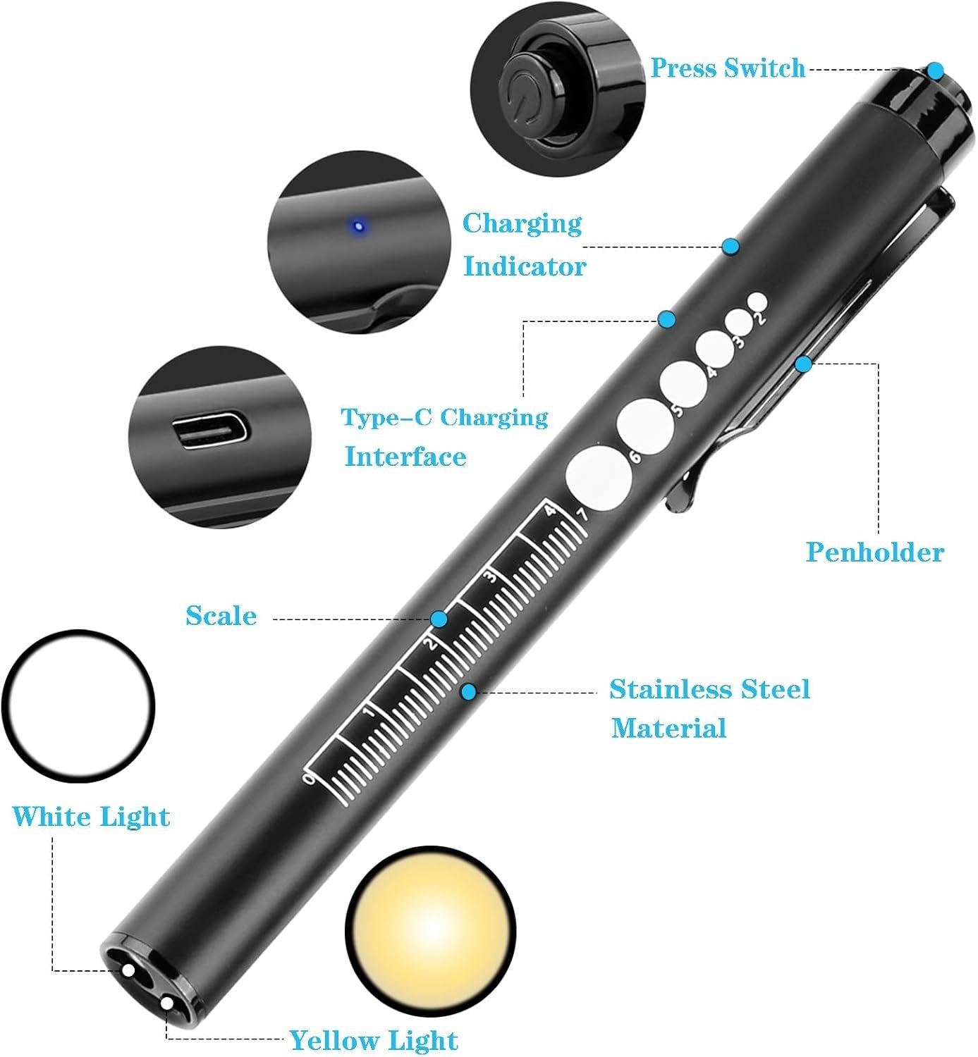 Yuentoen USB Rechargeable Pen Light, Reusable LED Stainless Steel Pocket Penlight, Tactical Flashlight for Emergency, Repair Checking, Home and Outdoor(Black)