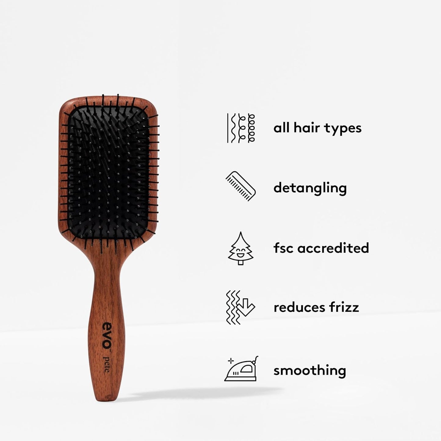 evo Pete Ionic Paddle Brush - Professional Hair Styling Brush - Detangling, Smoothing & Styling Wooden Brush