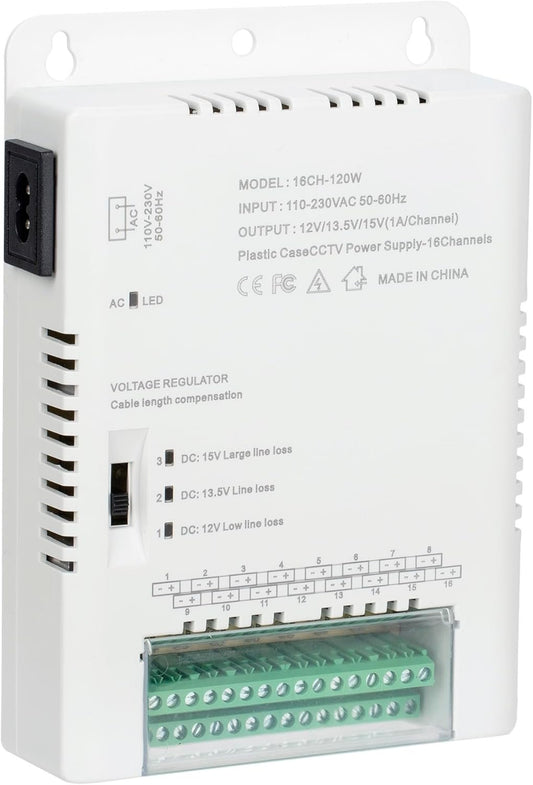16 Channel CCTV Camera Power Supply Distribution Power Supply 90V-264VAC Input to 12V-13.8-15VDC Output Security Camera Power Adapter with PTC Fuse (HD16C120W)