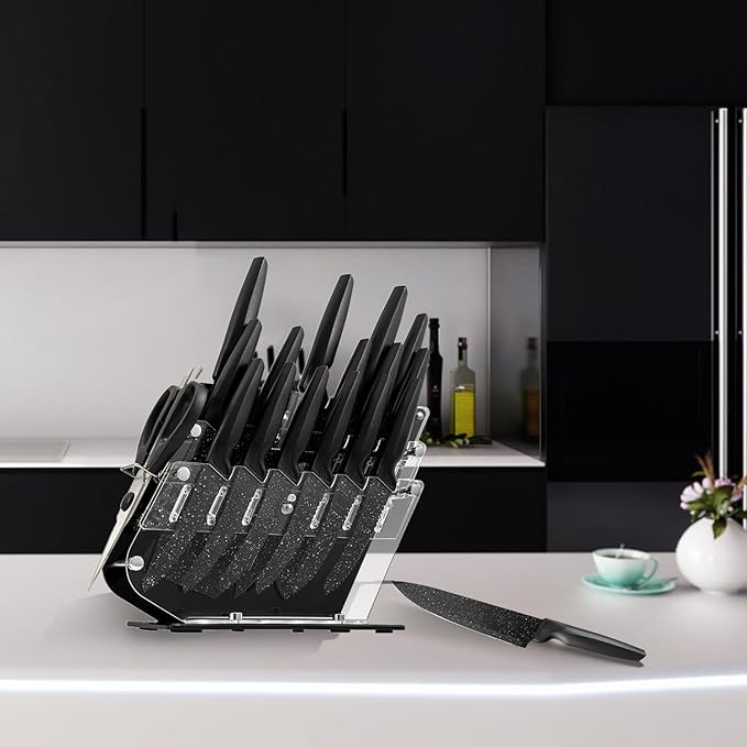 17 Pcs Kitchen Knife Set with Block High Carbon Stainless Steel Block Knife Set Sharp Blade Chef Bread Cleaver Knife,Pizza Cheese Steak Knives,Scissor Sets,Elegant Gift