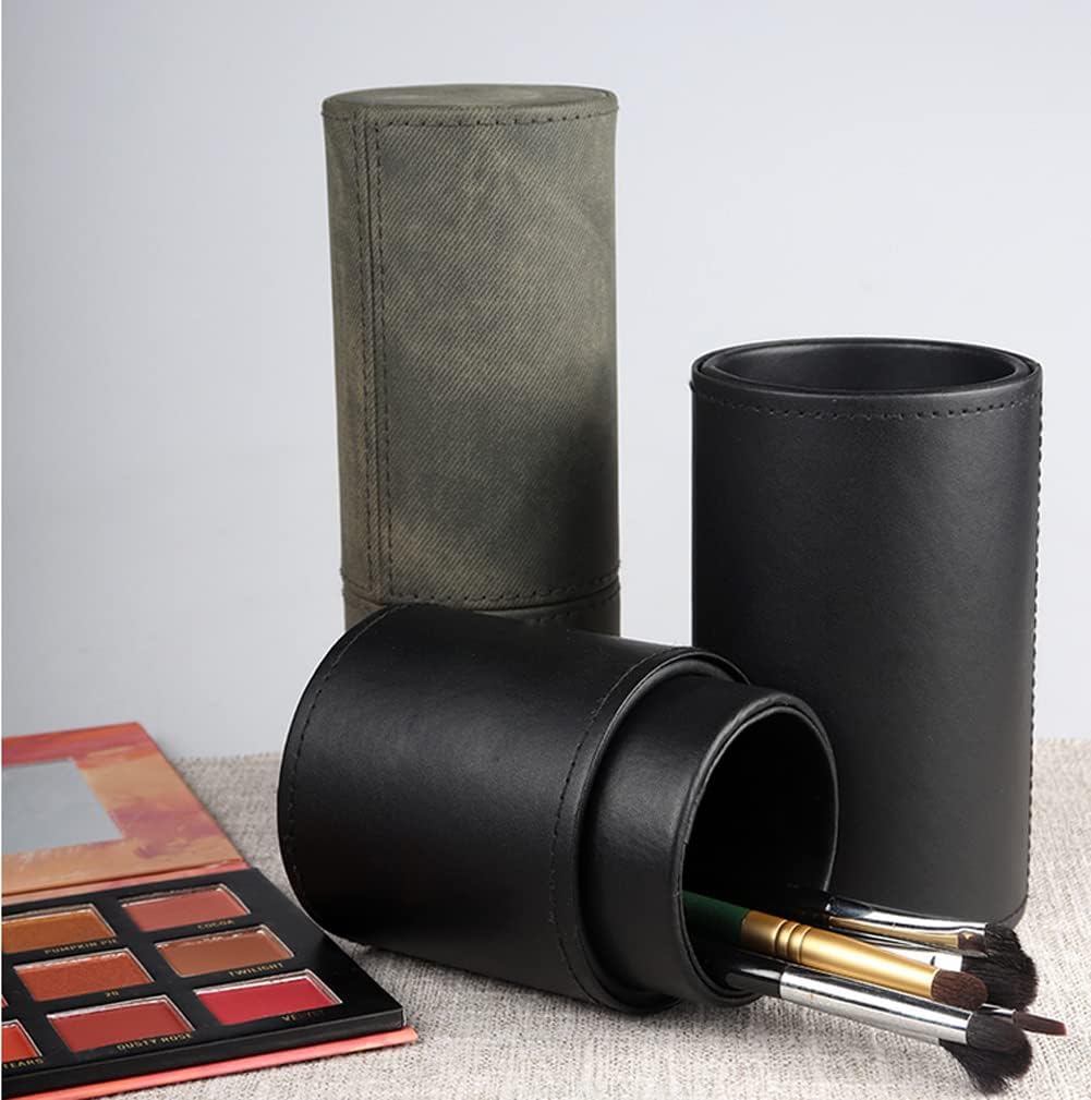 PU Leather Makeup Brush Holder Travel Makeup Brushes Case Makeup Brush Case Organizer Cosmetic Cup Cylinder Makeup Brush Storage Box with Button for Women (Black), Black, 9 x 3.1 x 3.1Inch, fashion