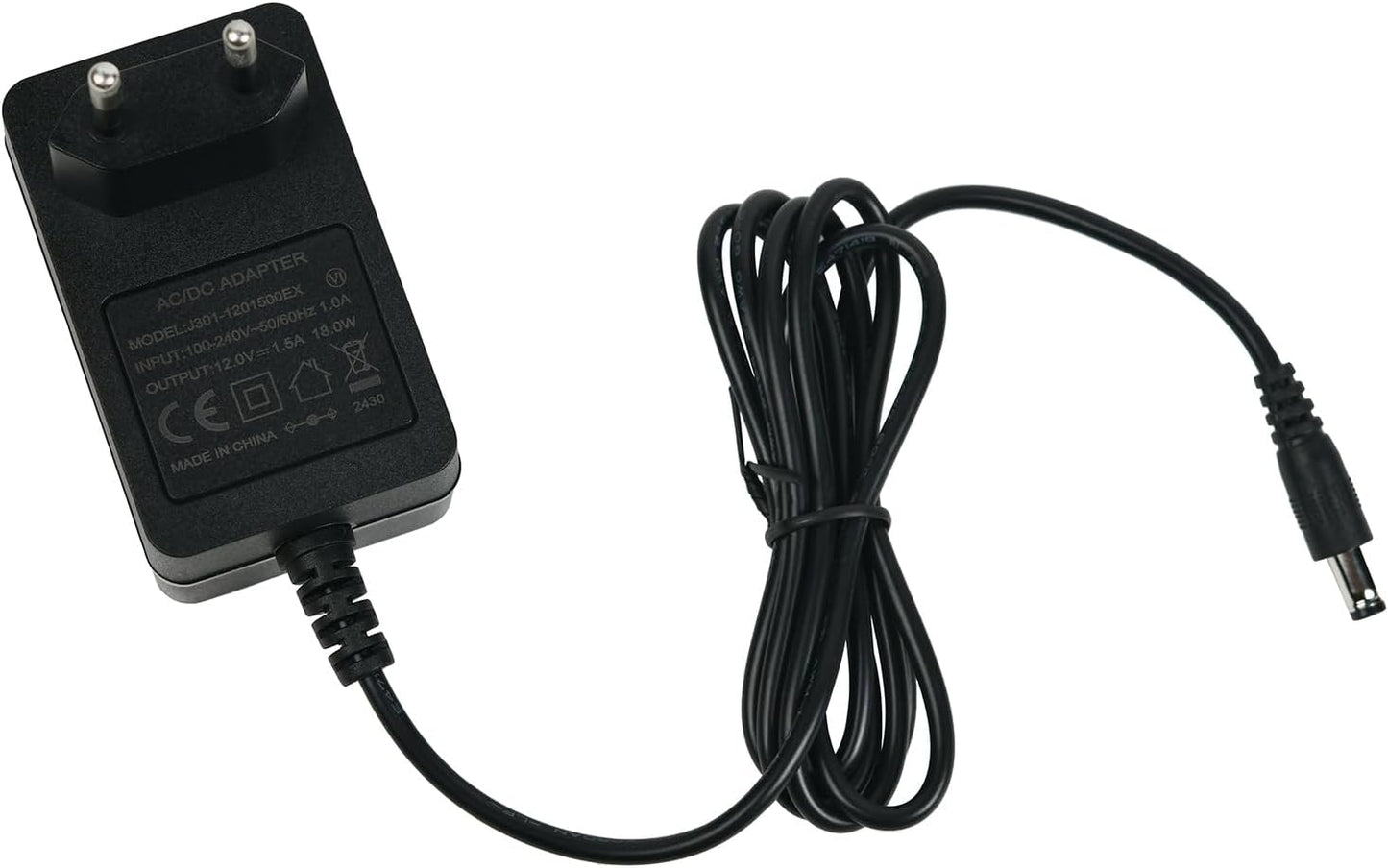 Universal Power Supply 12V 1.5A with Hollow Plug 5.5mm x 2.5mm Compatible with Many Devices - 1.2m Black Cable