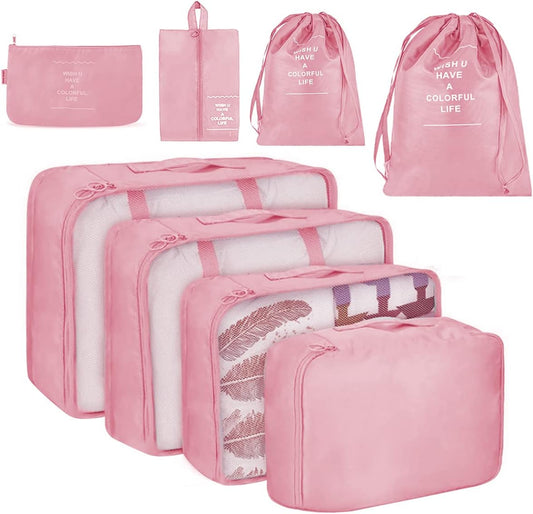 Travel Suitcase Organizer Set 8 Pieces - Packing Cubes Storage Travel Luggage Organizer for Clothes, Cosmetics, Shoes, Family Travel and Business (Pink)