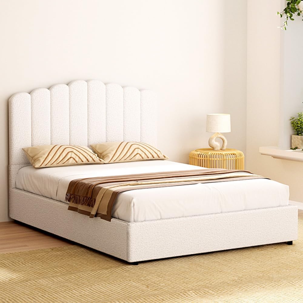 Artiss Bed Frame Double Size Mattress Base Wooden Platform Boucle White FION