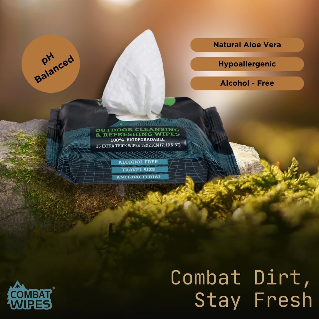 Combat Wipes ACTIVE Outdoor Wet Wipes - Extra Thick Camping Gear, Biodegradable, Body & Hand Cleansing/Refreshing Cloths for Backpacking & Gym w/Natural Aloe & Vitamin E(2 pack, 25 wipes each)