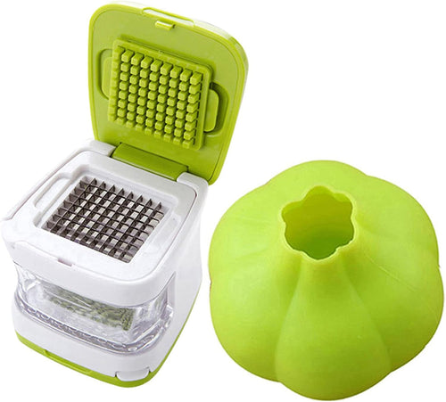 Coralpearl Garlic Ginger Press Cutter Mincer Chopper Crusher Slicer Grater Grinder Dicer Machine Food Aid in Plastic Stainless Steel with Silicone Peeler Kitchen Gadget Green Tool Set (Cube)