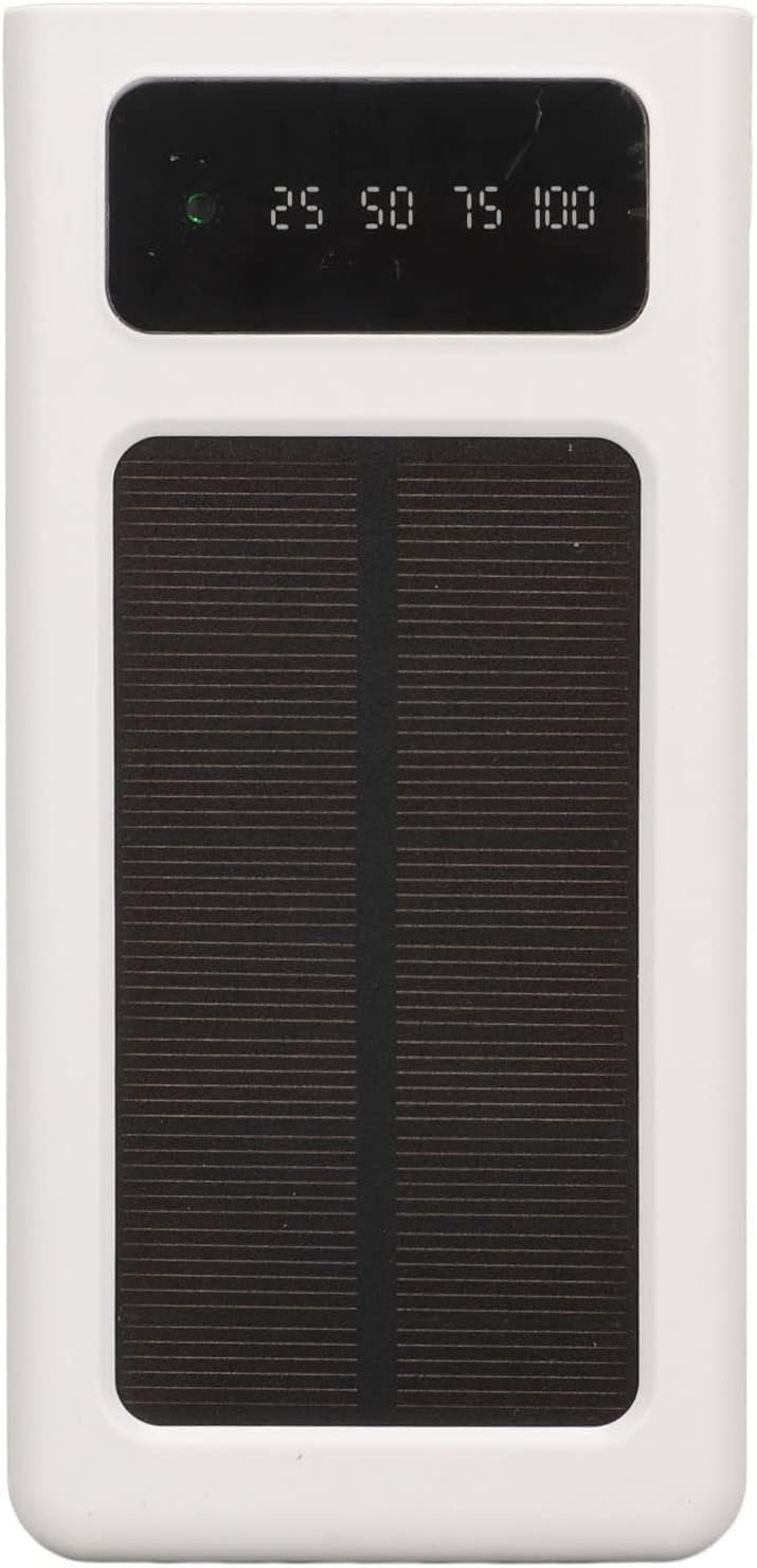 Solar Power Bank Portable 20000mAh Phone, Support Power Display 3 Output and 1 Input Cables and Flashlight, Portable Solar for Hiking Fishing and Traveling (White)