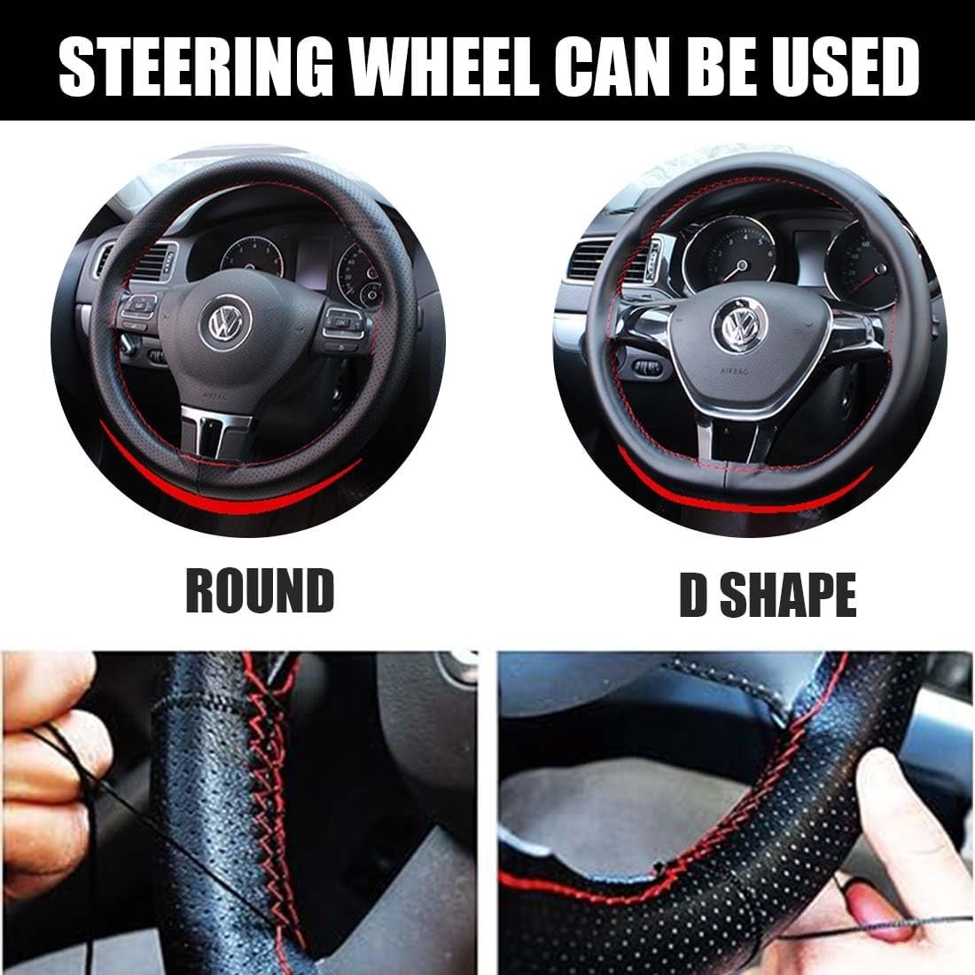 DIY Soft Leather Car Steering Wheel Cover with Needle and Thread | 38cm Diameter Steering Wheel Cover | Black Leather with Red Thread | Car Accessories Interior Car Steering Wheel Cover