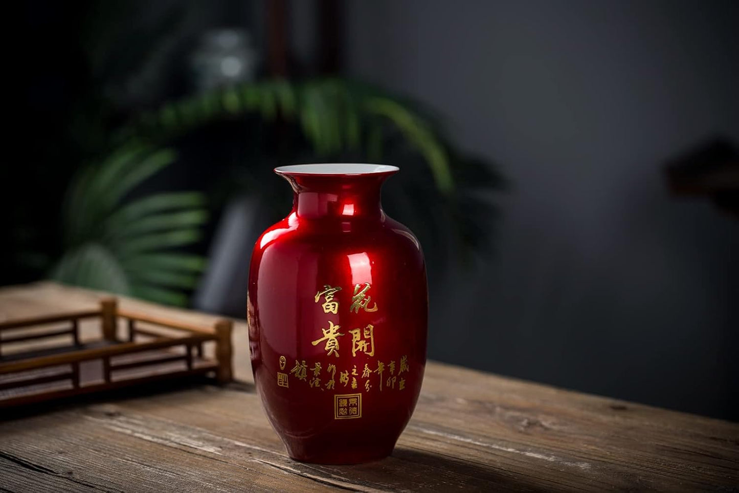 Red Flower Vases Oriental Ceramic Peony Flower Pots for Home Living Room Wedding Large 23cm