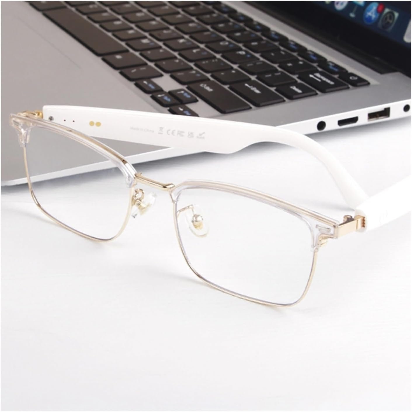 RYDOX Smart Blue Light Glasses Bluetooth 5.4 - UV400 Polarized Tech Sunglasses for Women/Men/Kids(White-Gold)