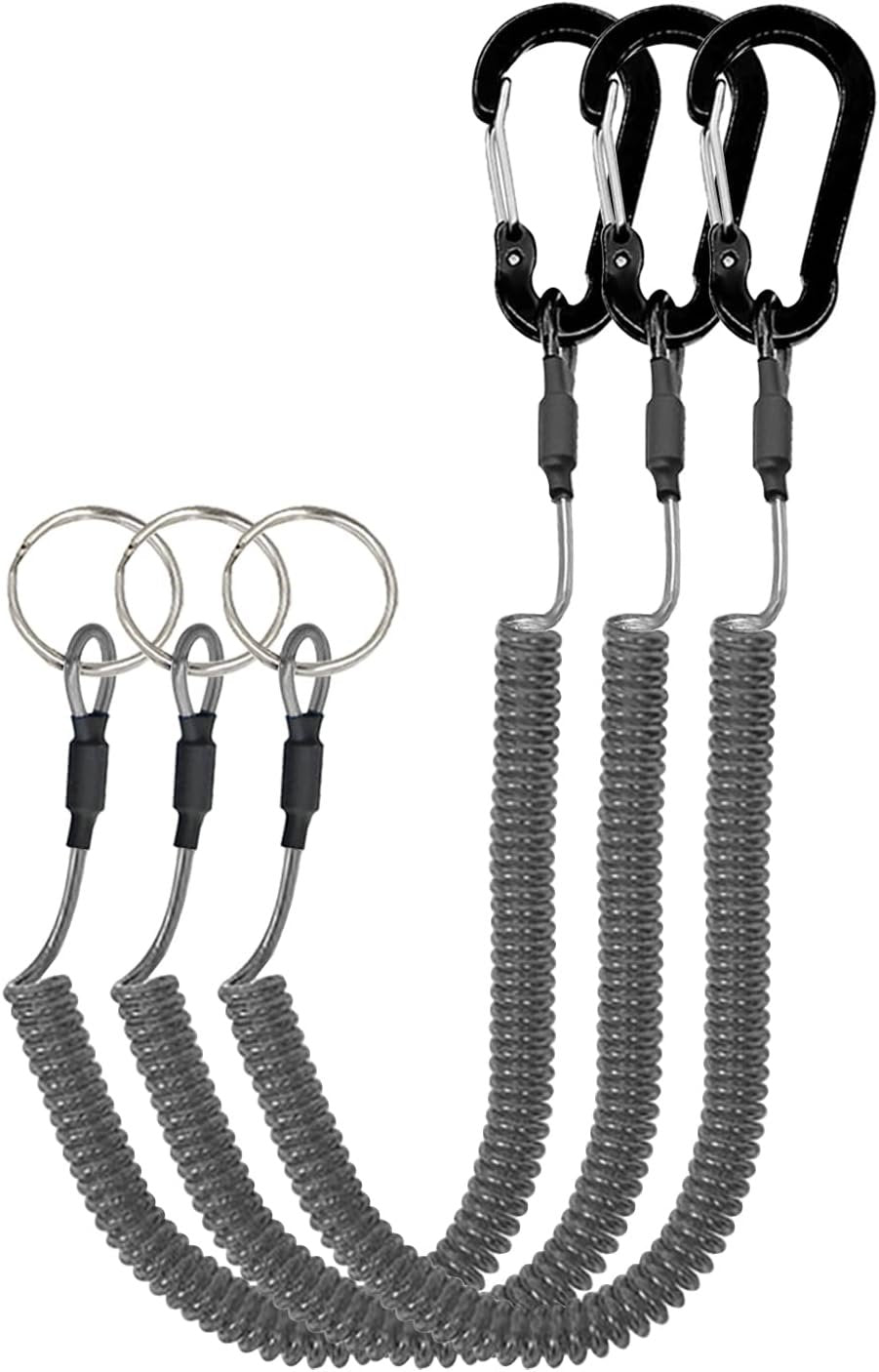Lix&Rix Spiral Retractable Safety Coiled Lanyard with Stainless Steel Clip Keychain Ring Carabiner for Keys Fishing Tools,3pcs