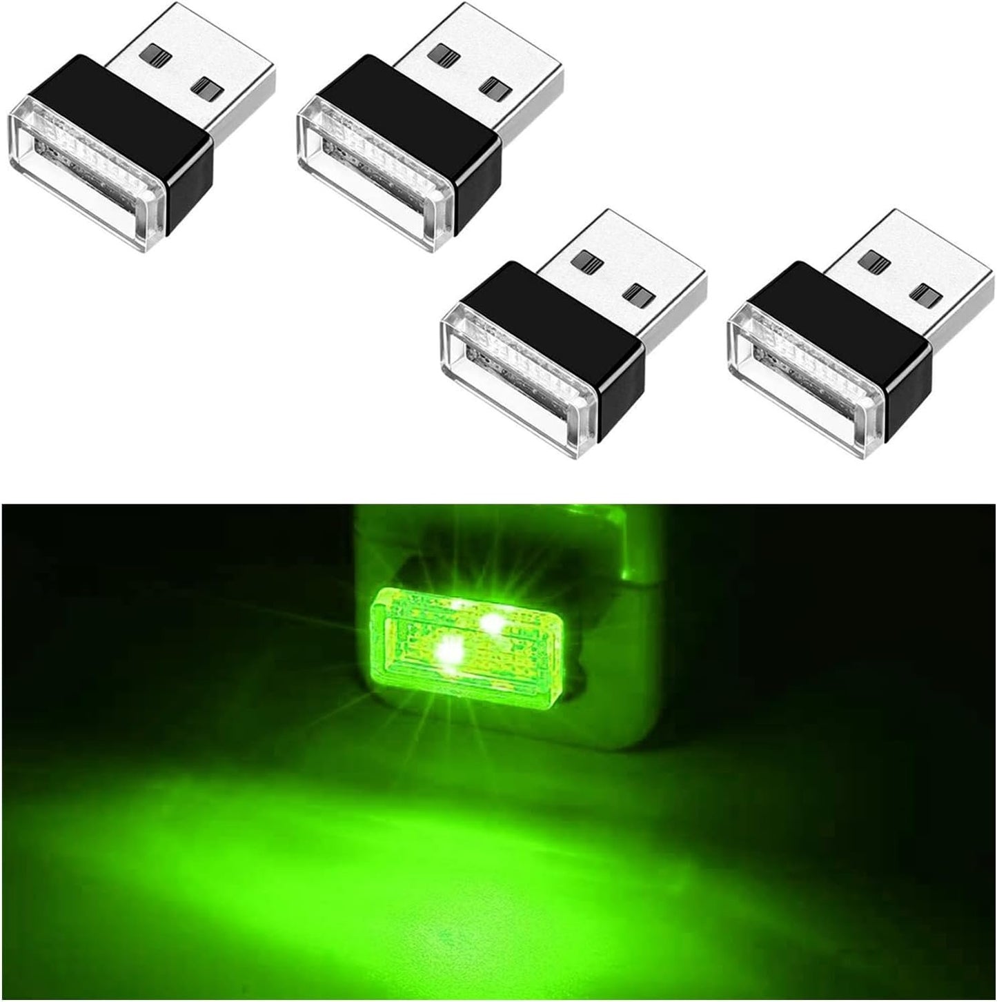 Ziciner 4 PCS USB LED Car Interior Atmosphere Lamp, Portable Mini LED Night Light, Plug-in USB Interface Trunk Ambient Lighting Kit, Universal Car Interior Accessories (Green)
