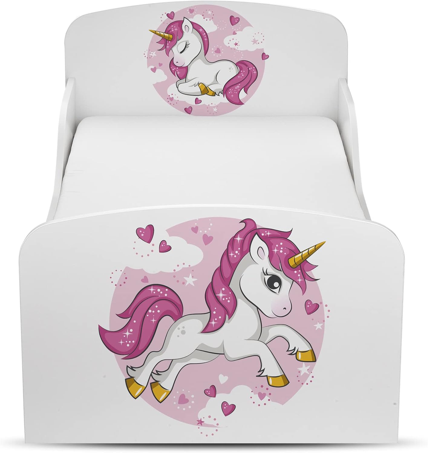 leomark Wooden Children's Bed - Lovely Unicorn - Cot Bed with Mattress, Children's Furniture, Slatted Base, Sleeping Space 140 x 70 cm, UV Footprint