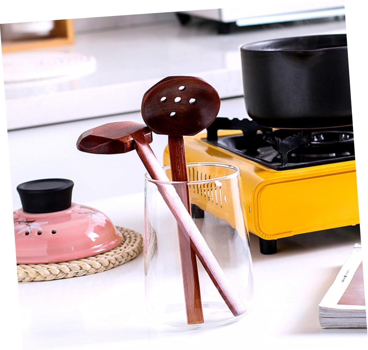 HEMOTON 2 pcs Japanese Table Dining Kitchen Long Spoons Reusable Friendly Eco Handle Wooden Home