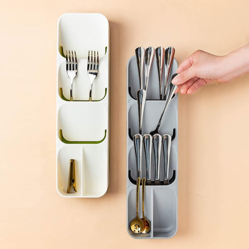 2 Pack Compact Small Cutlery Tray Organiser, Utensil Holder for Drawers, Kitchen Silverware Drawer Organizer Divider for Spoons Forks & Short Knives, White & Grey
