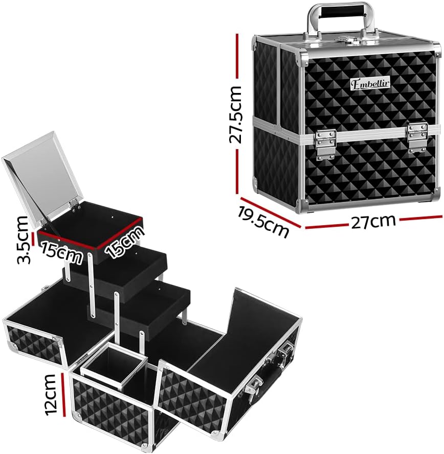 Embellir Makeup Case, Aluminium Beauty Cases Suitcase Make Up Large Organisers Storage Portable Toiletry Cosmetic Box Travel Indoor Outdoor Accessories, with Mirror 3 Sliding Trays Carry Handle Black