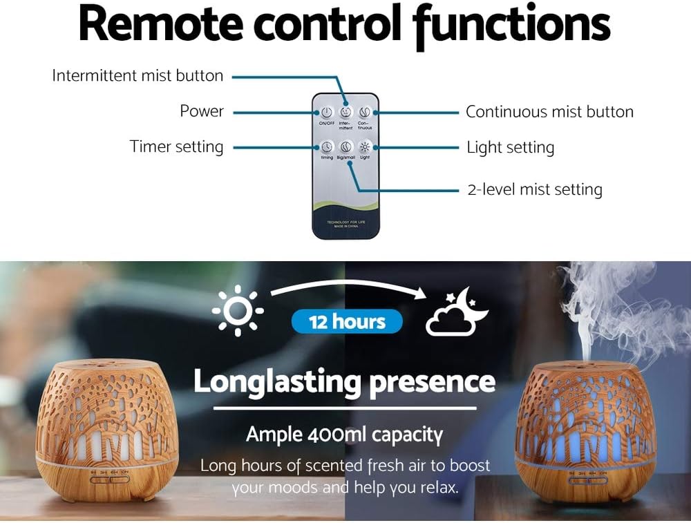 Devanti Aroma Diffuser, 400ml Air Humidifier Purifier Essential Oils Car Freshener Vaporizer Aromatherapy Diffusers Scent Booster Home Office Bedroom Humidifiers Steam, 7 Led Light Forest