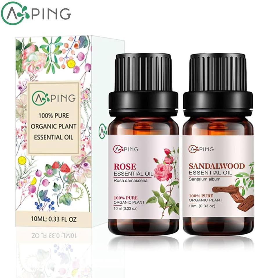 Rose & Sandalwood Essential Oils - 100% Pure Organic Natural Plant Oils for Diffuser, Aromatherapy, Spa, Massage, Yoga, Perfume, Body - 2x10ML