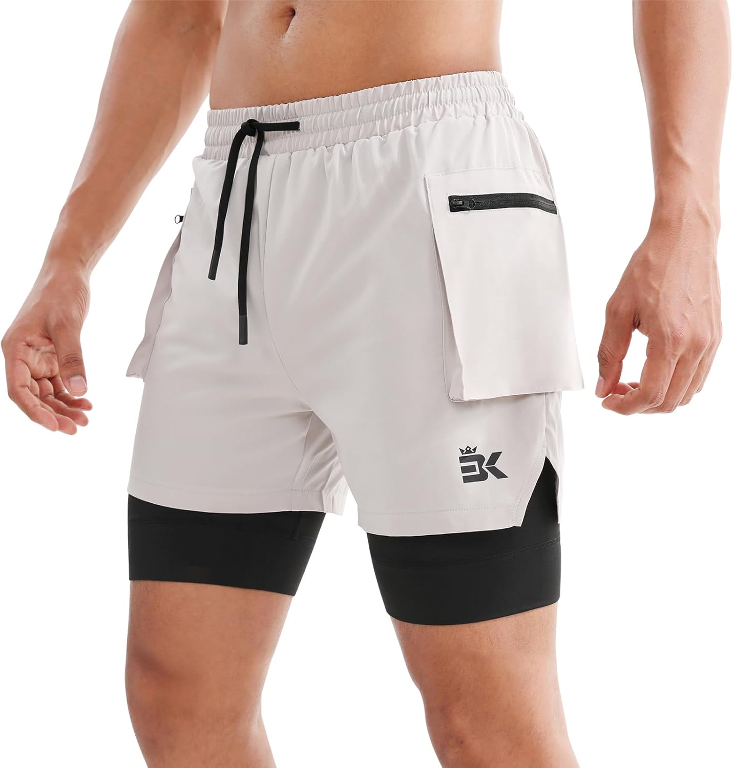 BROKIG Men's 2 in 1 Running Shorts, Quick Dry Sport Shorts Workout Fitness Gym Shorts Men with Zip Pockets