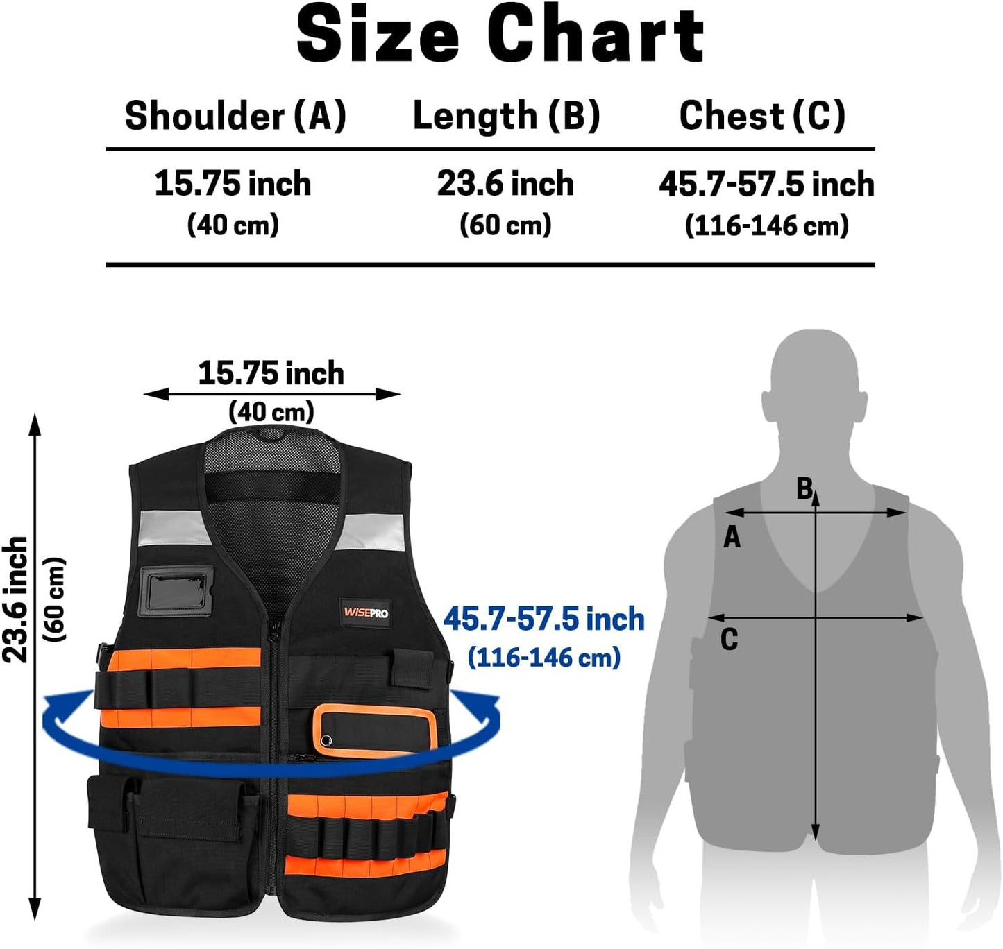 WISEPRO Tool Vest, Electrician Safety Vest with Pockets and Zippers, All Purpose Tool Vest Work Vest for Men Carpenters Electricians Handyman, Black Orange