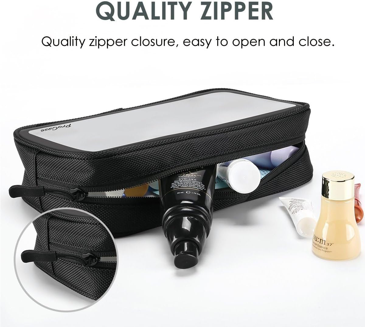 ProCase TSA Approved Travel Toiletry Bag Pouch, Matte Clear Travel Organizer Airport Carry-On Checkpoint Airline Compliant Storage Bag for Toiletries Liquids Creams and Cosmetics -Black