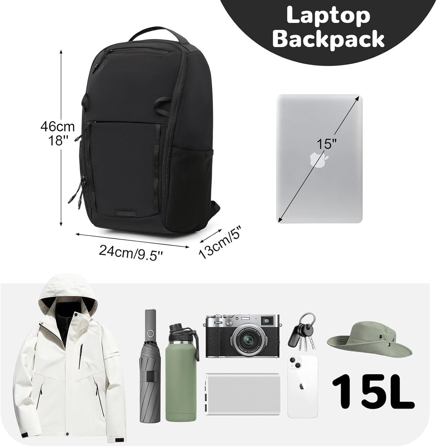 Outplea 17L Small Travel Backpack with Front Opening Men Women, 15" Laptop Backpack for College, Computer Backpacks Carry On