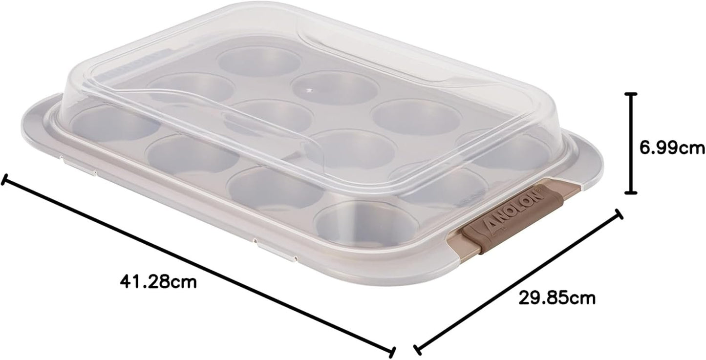 Anolon 12 Cup Advanced Bronze Nonstick Bakeware Muffin Pan with Silicone Grips, Brown