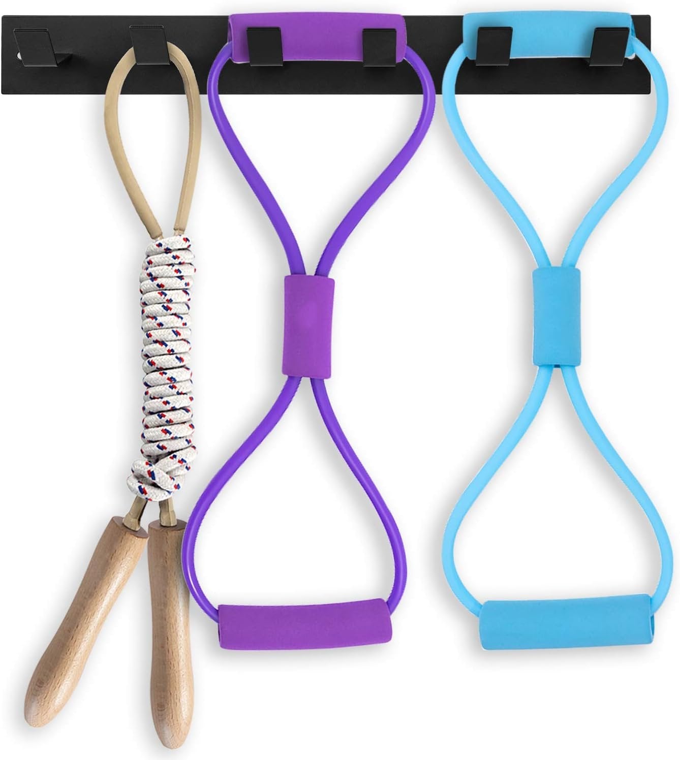MyGift Black Metal Gym Equipment Rack, Wall Mounted Exercise and Fitness Accessories Organizer Hanging Rack with 6 Hooks for Resistance Bands, Jump Ropes, and Weight Belts