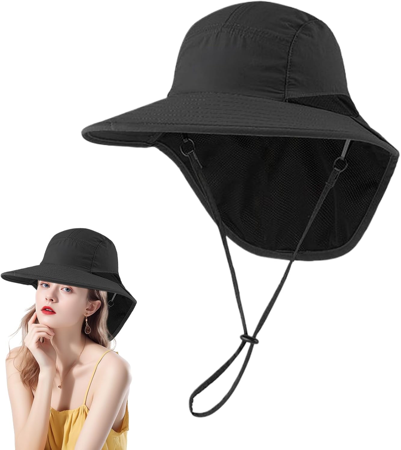 Sun Protection Hat, Adjustable UV Bucket Cap with Neck Flap, Breathable Cooling Hiking Hat for Men Women, Outdoor Gear for Fishing, Camping, Running, Travel, Garden Work