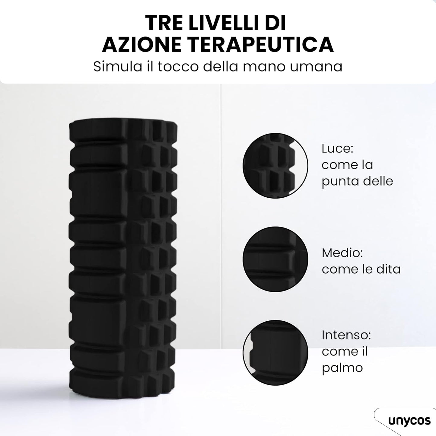 unycos - Foam Roller for Muscle Self-Massage, Fitness Roller in Hard EVA for Massages【Load 130 kg | 33 x 14 cm】Yoga, Pilates, Therapy that Improves Recovery in the Gym (Black)