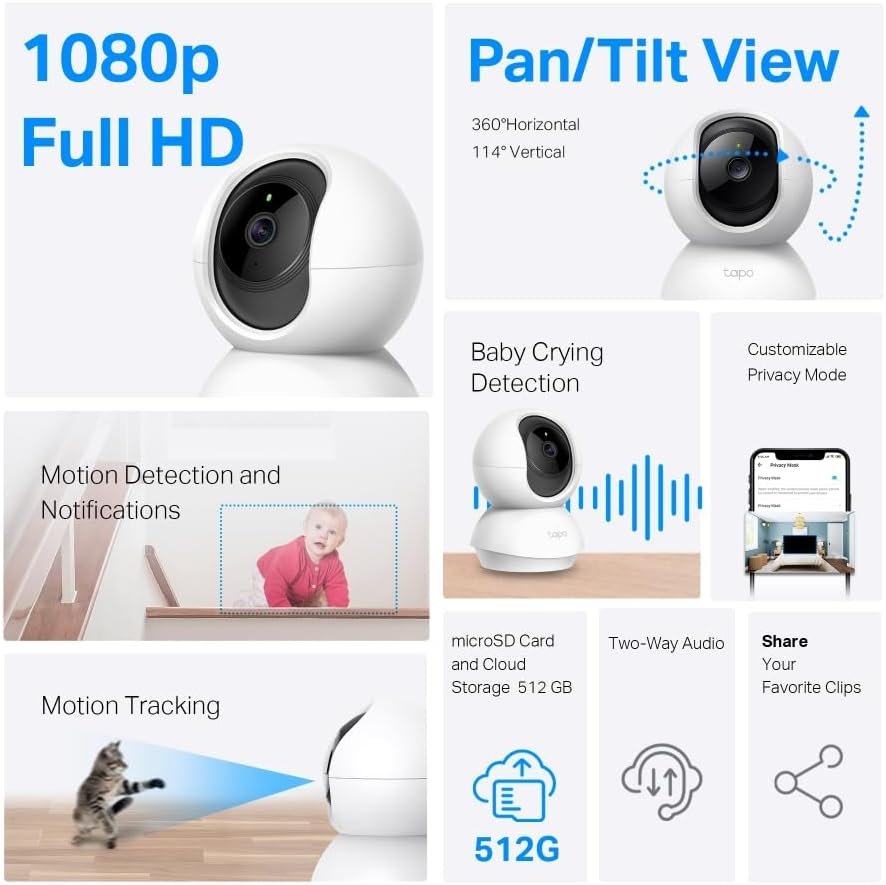 TP-Link Tapo Pan/Tilt AI Smart Home Security Wi-Fi Camera, Baby Monitor, 1080P, Motion & Person Detection, Night Vision, SD Card Slot, Voice Control, No Hub Required, 2-Pack (Tapo C200P2)