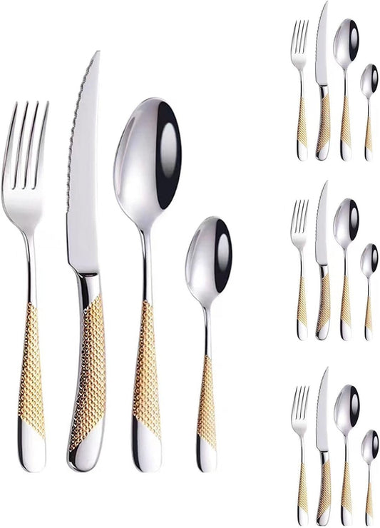 16-Piece Hammered Silver Gold Silverware Set,Modern 18/10 Stainless Steel Flatware Set,Cutlery Set,Tableware Set, Kitchen Utensil Set Service for 4, Knives Forks Spoons Set